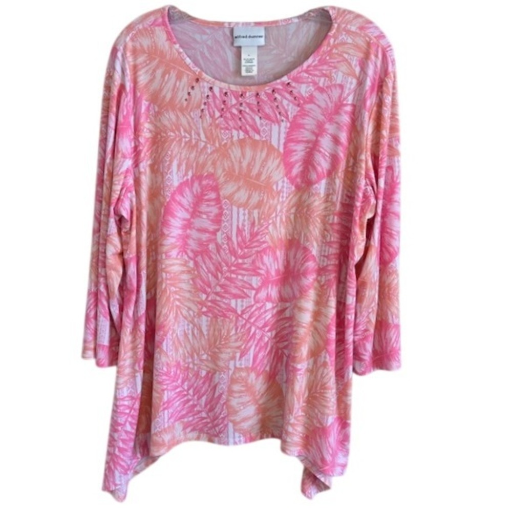 Alfred Dunner Women's Pink Orange Floral Pastel Print Tunic 3/4 Sleeve Blouse LG